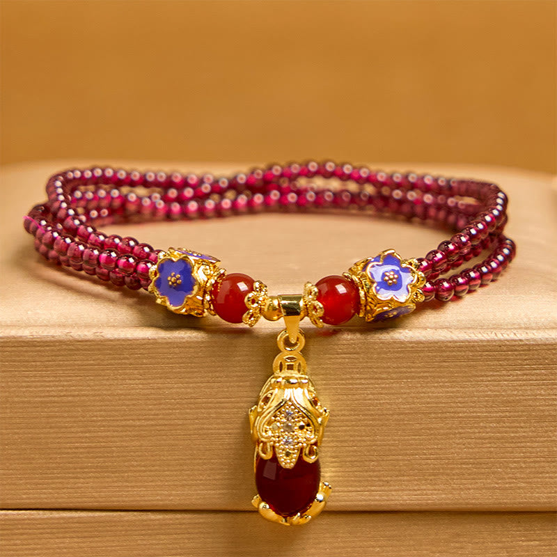Pulsera multicapa de purificación con flor PiXiu y cuentas de granate natural de 3 mm de Buddha Stones