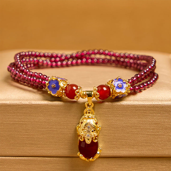 Pulsera multicapa de purificación con flor PiXiu y cuentas de granate natural de 3 mm de Buddha Stones