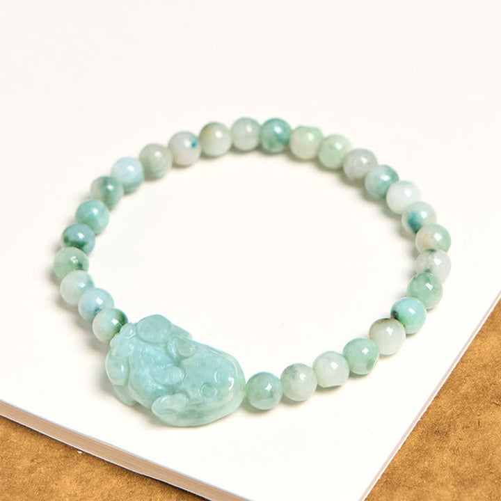 Pulsera de la suerte tallada con Pixiu de jade verde natural y Buddha Stones