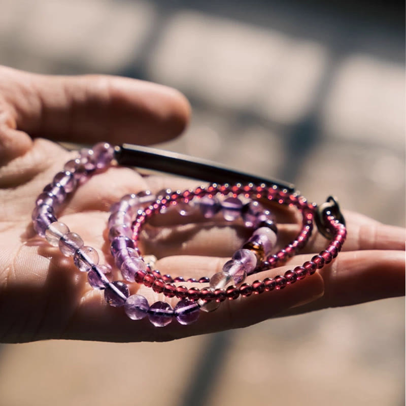 Pulsera multicapa con Buddha Stones retro de 6 mm de amatista y 4 mm de granate