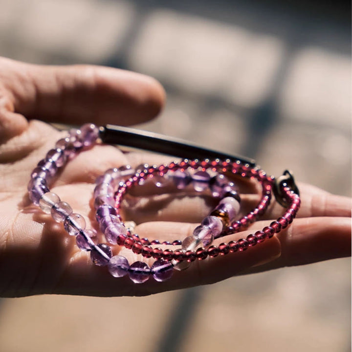 Pulsera multicapa con Buddha Stones retro de 6 mm de amatista y 4 mm de granate