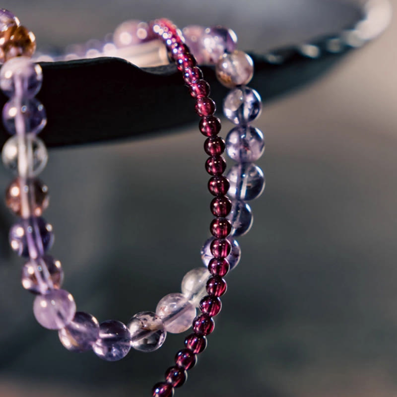 Pulsera multicapa con Buddha Stones retro de 6 mm de amatista y 4 mm de granate