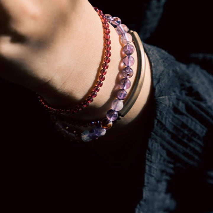 Pulsera multicapa con Buddha Stones retro de 6 mm de amatista y 4 mm de granate