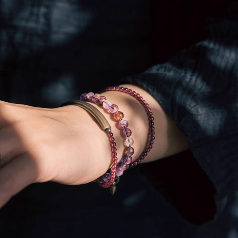 Pulsera multicapa con Buddha Stones retro de 6 mm de amatista y 4 mm de granate