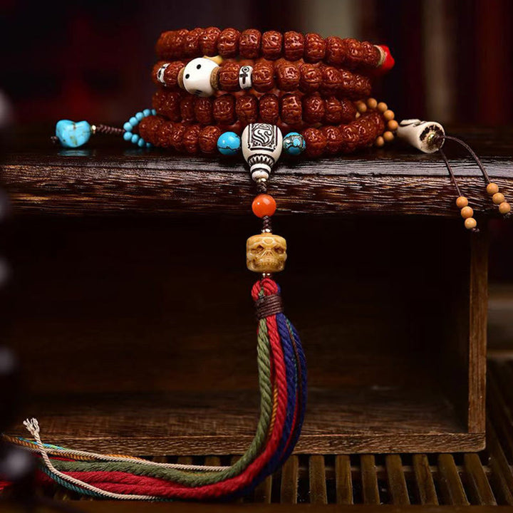 Mala con borla de Rudraksha y semillas de Bodhi de 108 cuentas de Buddha Stones