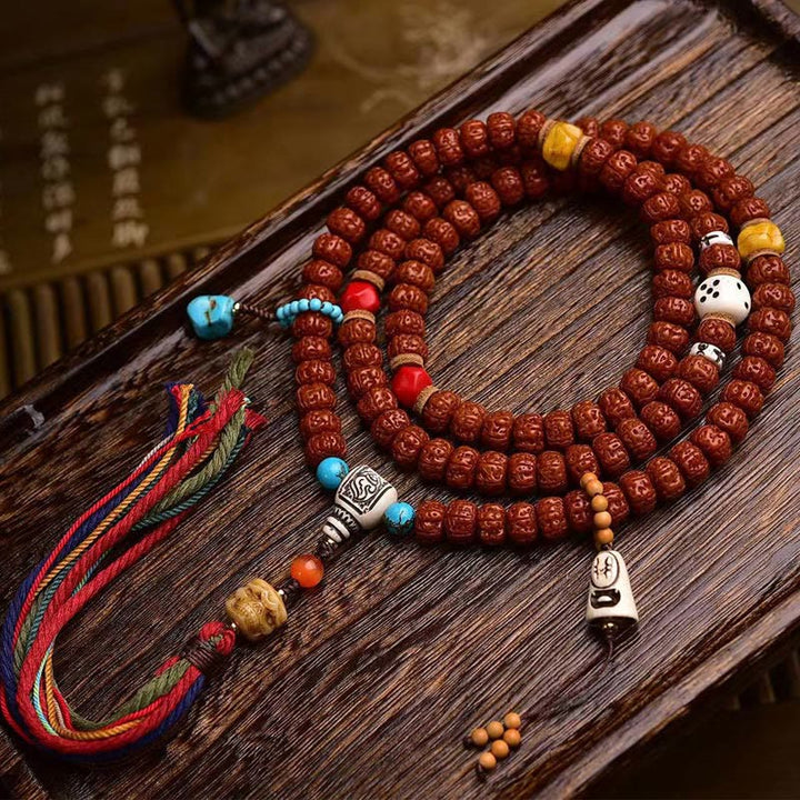 Mala con borla de Rudraksha y semillas de Bodhi de 108 cuentas de Buddha Stones
