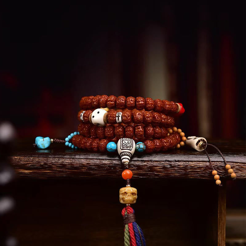 Mala con borla de Rudraksha y semillas de Bodhi de 108 cuentas de Buddha Stones