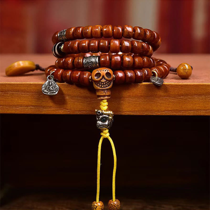Mala de fuerza de 108 cuentas de hueso tibetano con Buddha Stones y cuentas Dzi