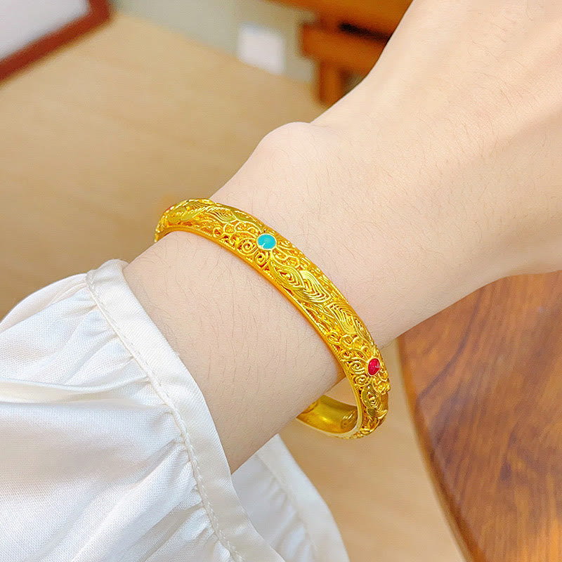 Pulsera de la suerte con Buddha Stones, flores y hojas bañadas en oro y cobre