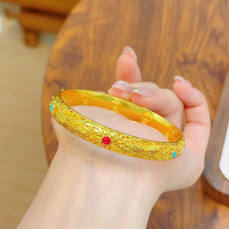 Pulsera de la suerte con Buddha Stones, flores y hojas bañadas en oro y cobre