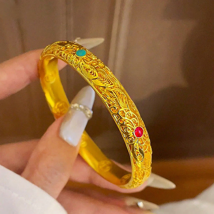 Pulsera de la suerte con Buddha Stones, flores y hojas bañadas en oro y cobre