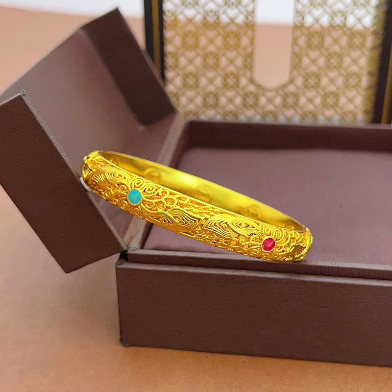 Pulsera de la suerte con Buddha Stones, flores y hojas bañadas en oro y cobre