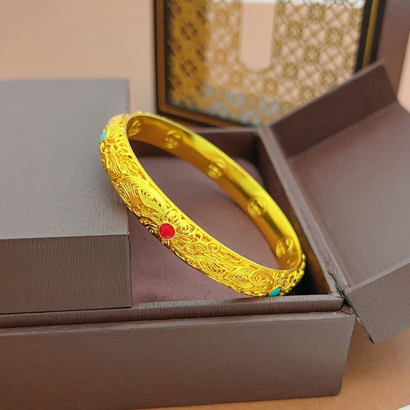 Pulsera de la suerte con Buddha Stones, flores y hojas bañadas en oro y cobre