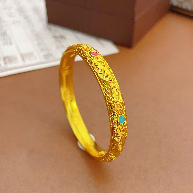 Pulsera de la suerte con Buddha Stones, flores y hojas bañadas en oro y cobre