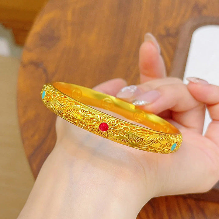 Pulsera de la suerte con Buddha Stones, flores y hojas bañadas en oro y cobre