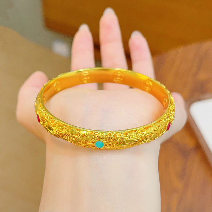 Pulsera de la suerte con Buddha Stones, flores y hojas bañadas en oro y cobre