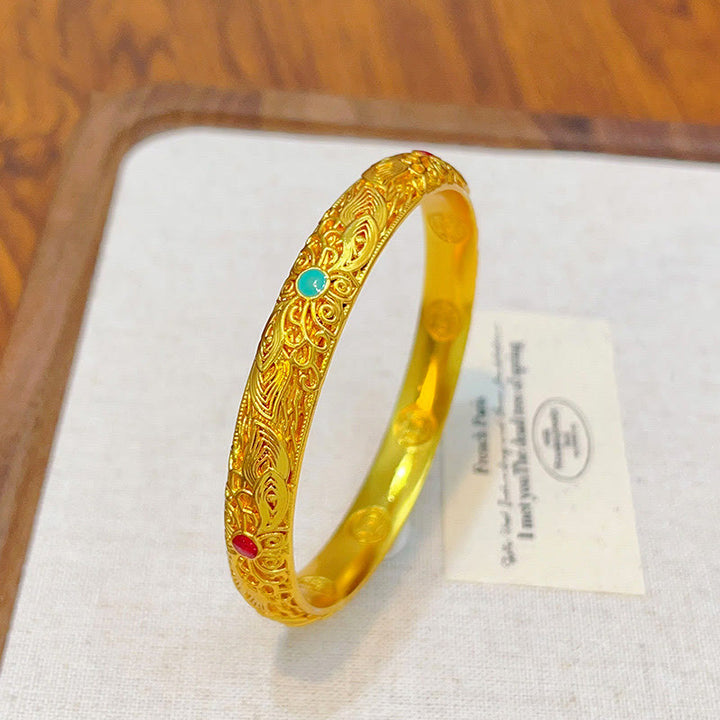 Pulsera de la suerte con Buddha Stones, flores y hojas bañadas en oro y cobre