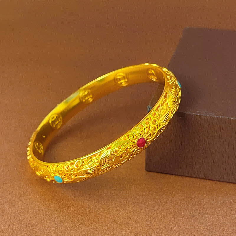 Pulsera de la suerte con Buddha Stones, flores y hojas bañadas en oro y cobre