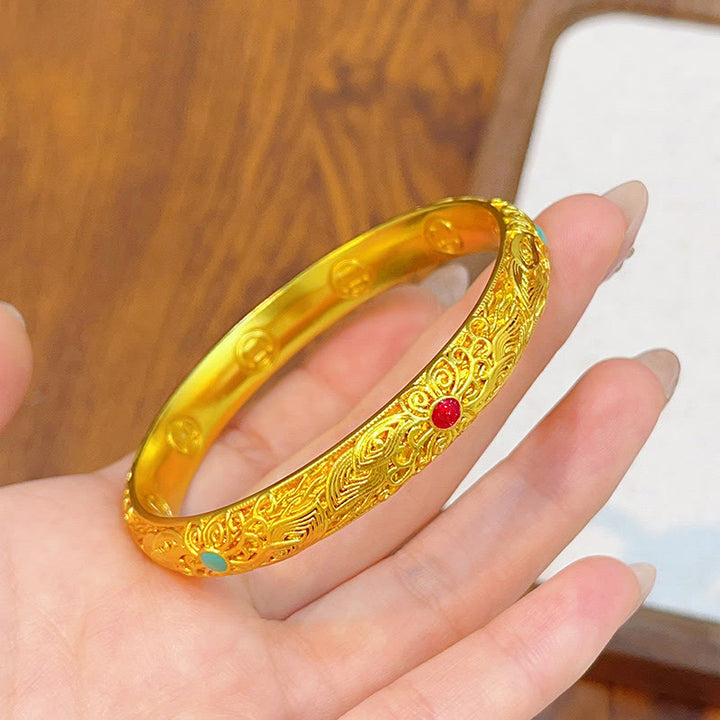 Pulsera de la suerte con Buddha Stones, flores y hojas bañadas en oro y cobre