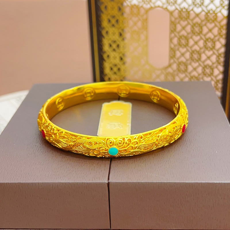 Pulsera de la suerte con Buddha Stones, flores y hojas bañadas en oro y cobre