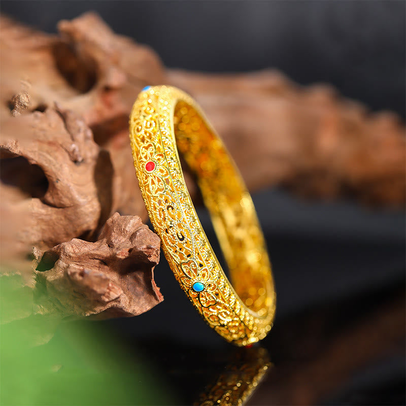 Pulsera de la suerte con Buddha Stones bañadas en cobre y flores doradas, diseño de enredadera, 62 mm (2,44 pulgadas)