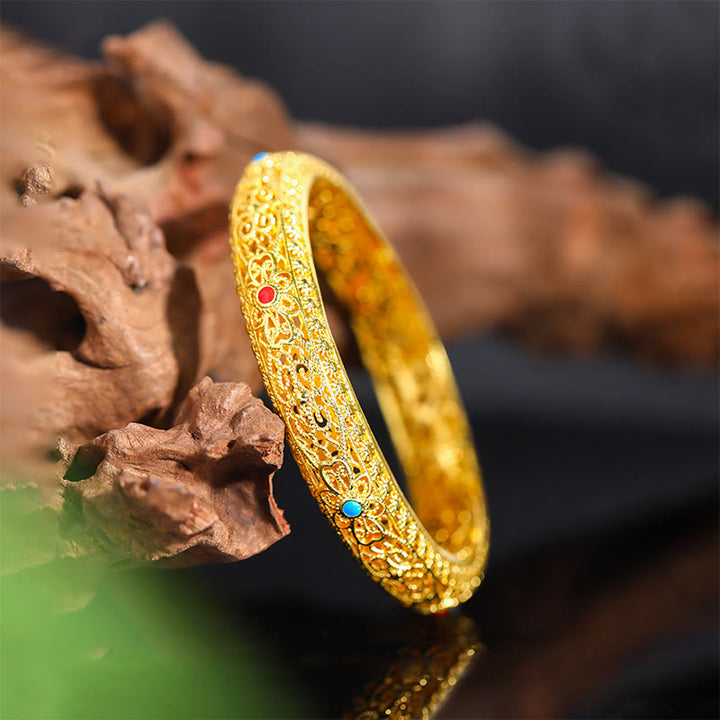 Pulsera de la suerte con Buddha Stones bañadas en cobre y flores doradas, diseño de enredadera, 62 mm (2,44 pulgadas)