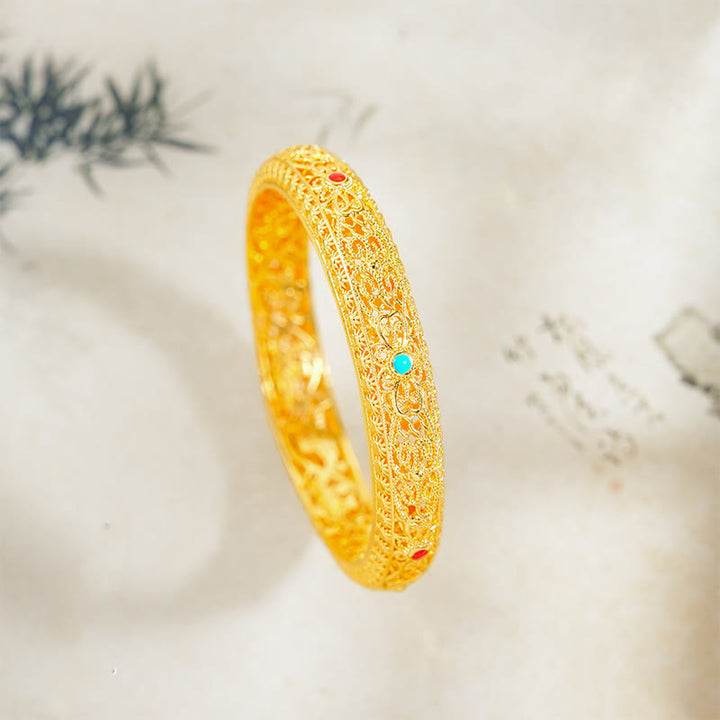 Pulsera de la suerte con Buddha Stones bañadas en cobre y flores doradas, diseño de enredadera, 62 mm (2,44 pulgadas)