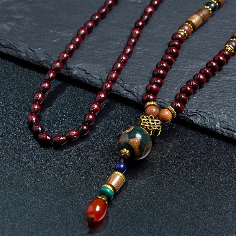 Collar con colgante de cabeza de elefante con cuentas Dzi de madera de wengué tibetana hechas a mano con Buddha Stones