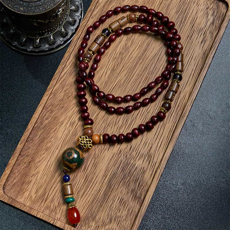 Collar con colgante de cabeza de elefante con cuentas Dzi de madera de wengué tibetana hechas a mano con Buddha Stones