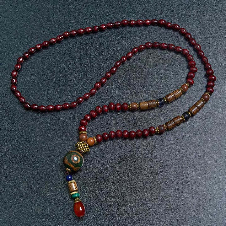 Collar con colgante de cabeza de elefante con cuentas Dzi de madera de wengué tibetana hechas a mano con Buddha Stones