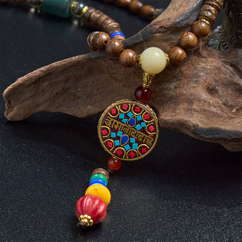 Collar con colgante de equilibrio de cuentas de cobre con mantra brillante de madera de Schima, cáscara de coco tibetano, hecho a mano, con Buddha Stones