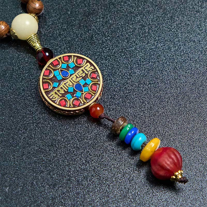 Collar con colgante de equilibrio de cuentas de cobre con mantra brillante de madera de Schima, cáscara de coco tibetano, hecho a mano, con Buddha Stones