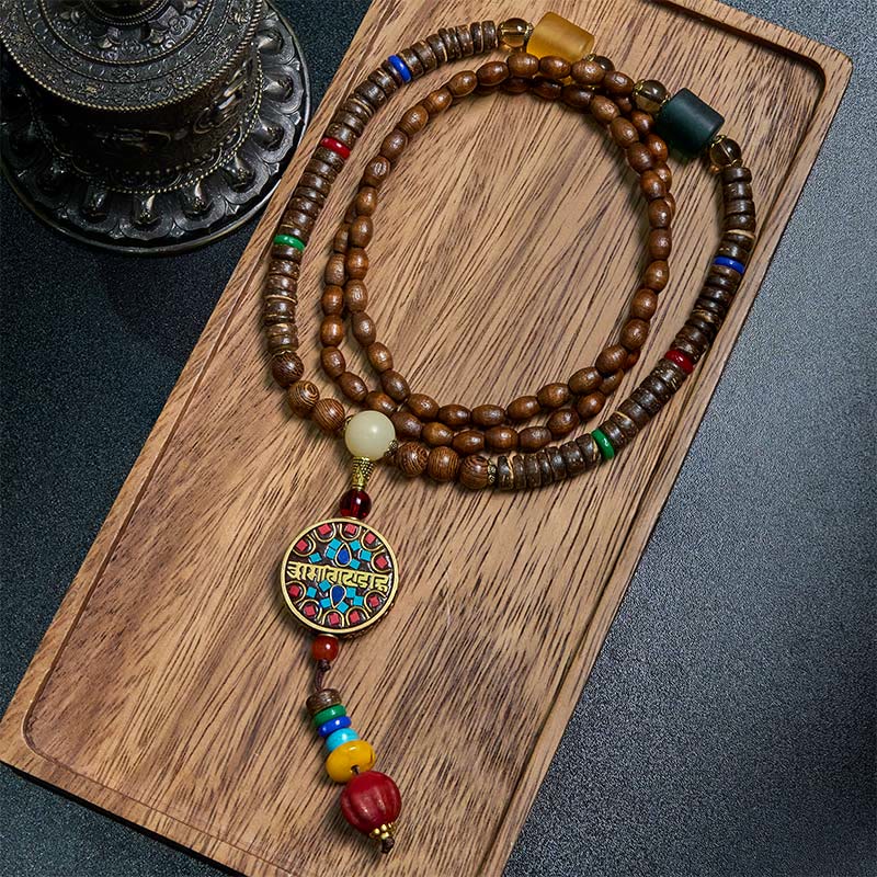 Collar con colgante de equilibrio de cuentas de cobre con mantra brillante de madera de Schima, cáscara de coco tibetano, hecho a mano, con Buddha Stones