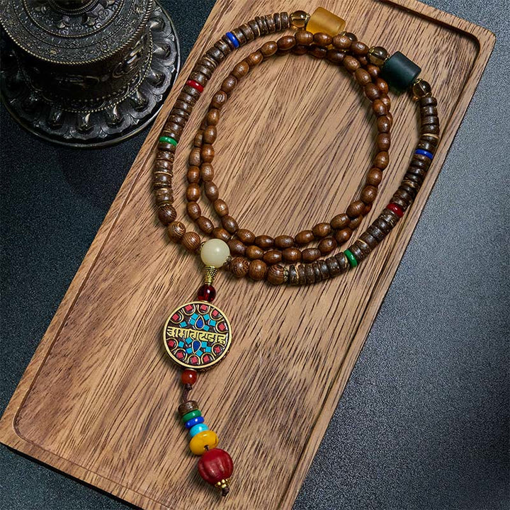 Collar con colgante de equilibrio de cuentas de cobre con mantra brillante de madera de Schima, cáscara de coco tibetano, hecho a mano, con Buddha Stones