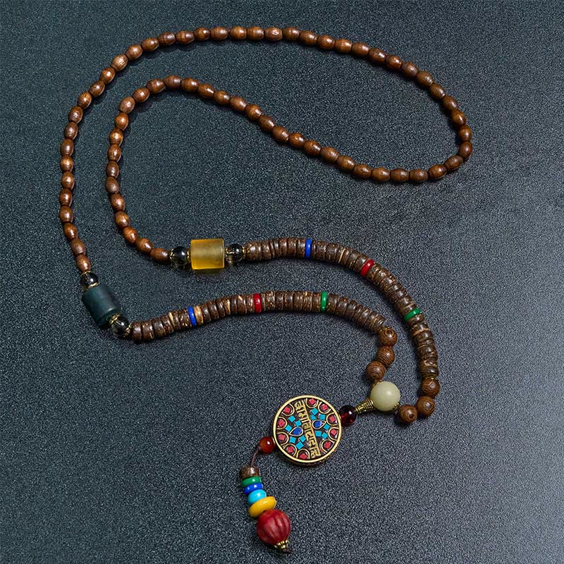 Collar con colgante de equilibrio de cuentas de cobre con mantra brillante de madera de Schima, cáscara de coco tibetano, hecho a mano, con Buddha Stones