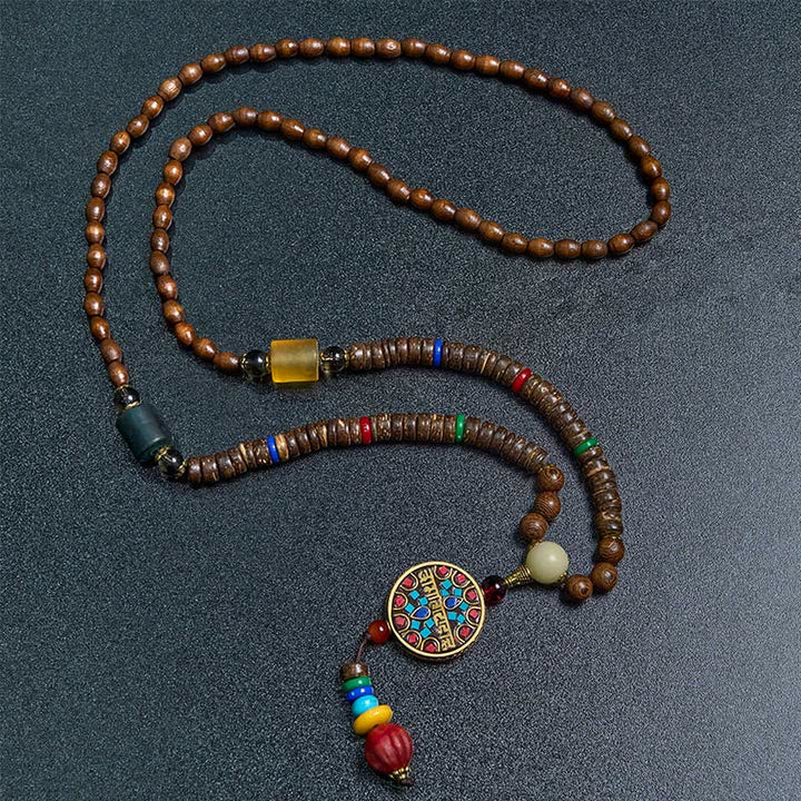 Collar con colgante de equilibrio de cuentas de cobre con mantra brillante de madera de Schima, cáscara de coco tibetano, hecho a mano, con Buddha Stones