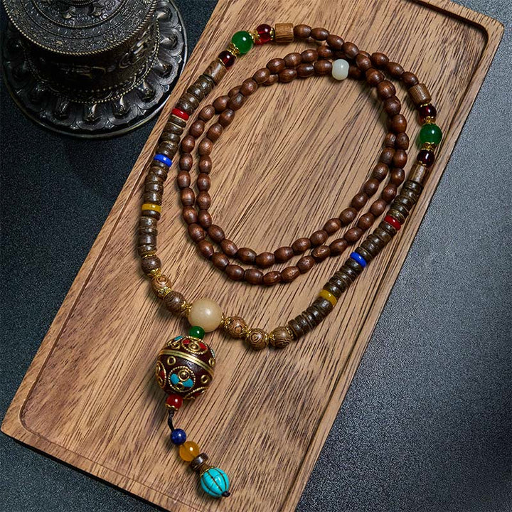 Collar con colgante de equilibrio de cuentas de cobre con mantra brillante de madera de Schima, cáscara de coco tibetano, hecho a mano, con Buddha Stones
