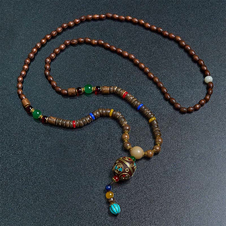 Collar con colgante de equilibrio de cuentas de cobre con mantra brillante de madera de Schima, cáscara de coco tibetano, hecho a mano, con Buddha Stones