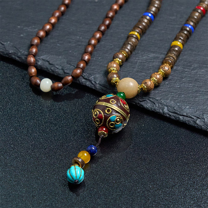 Collar con colgante de equilibrio de cuentas de cobre con mantra brillante de madera de Schima, cáscara de coco tibetano, hecho a mano, con Buddha Stones