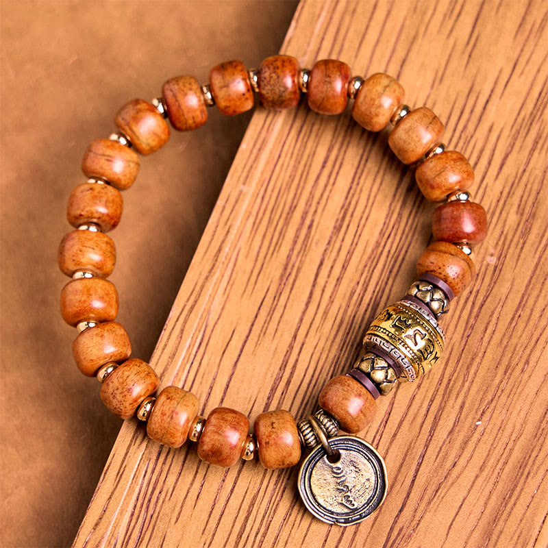 Pulsera de protección de la suerte con cuentas de hueso de camello tibetano natural de Buddha Stones, OM, en sánscrito