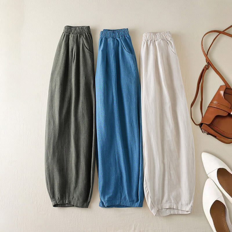 Pantalones de lino y algodón de color liso para mujer con bolsillos y Buddha Stones - image 1