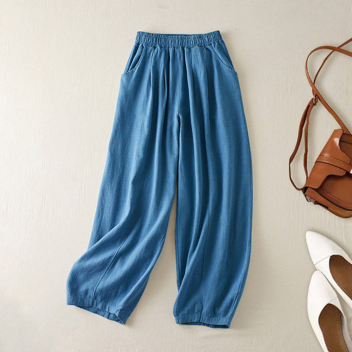 Pantalones de lino y algodón de color liso para mujer con bolsillos y Buddha Stones - Azul acero - US8-10,UK/AU12-14,EU40-42 (2XL) - image 16