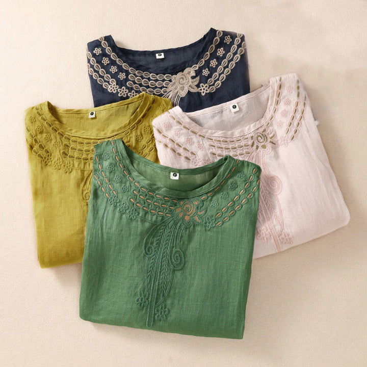 Camisa de lino y algodón de media manga con diseño hueco y cuello redondo para mujer de Buddha Stones