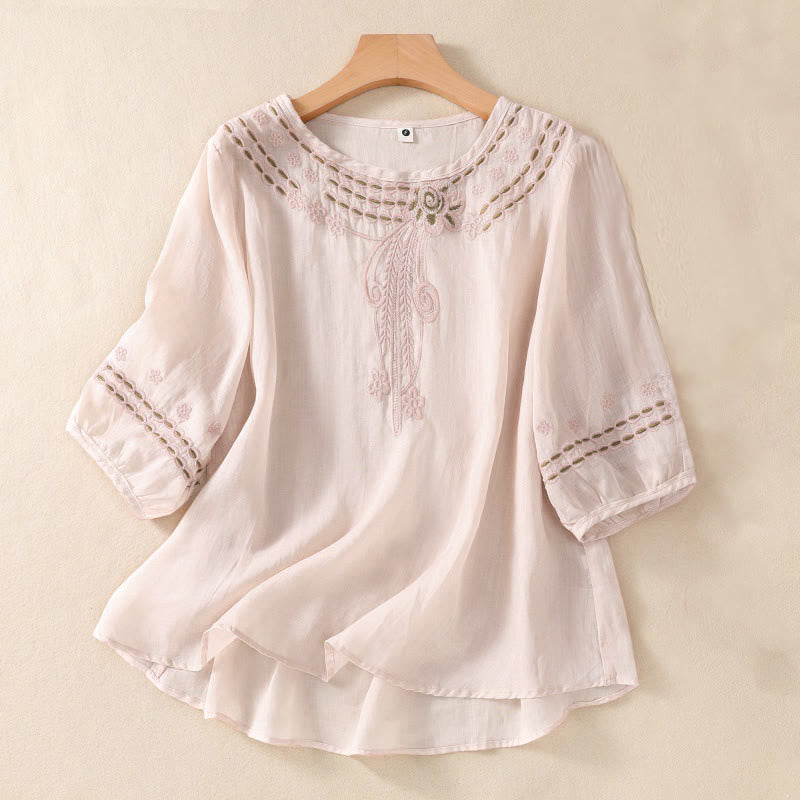 Camisa de lino y algodón de media manga con diseño hueco y cuello redondo para mujer de Buddha Stones