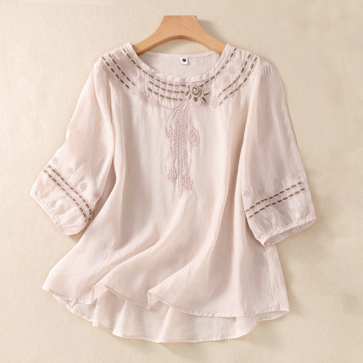 Camisa de lino y algodón de media manga con diseño hueco y cuello redondo para mujer de Buddha Stones