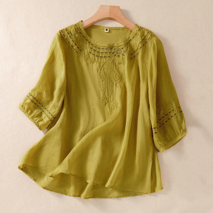 Camisa de lino y algodón de media manga con diseño hueco y cuello redondo para mujer de Buddha Stones