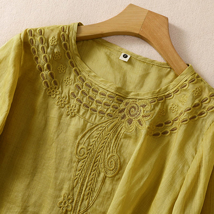 Camisa de lino y algodón de media manga con diseño hueco y cuello redondo para mujer de Buddha Stones