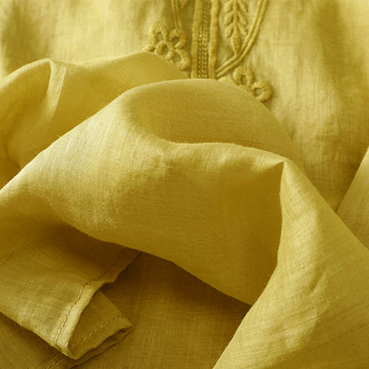 Camisa de lino y algodón de media manga con diseño hueco y cuello redondo para mujer de Buddha Stones