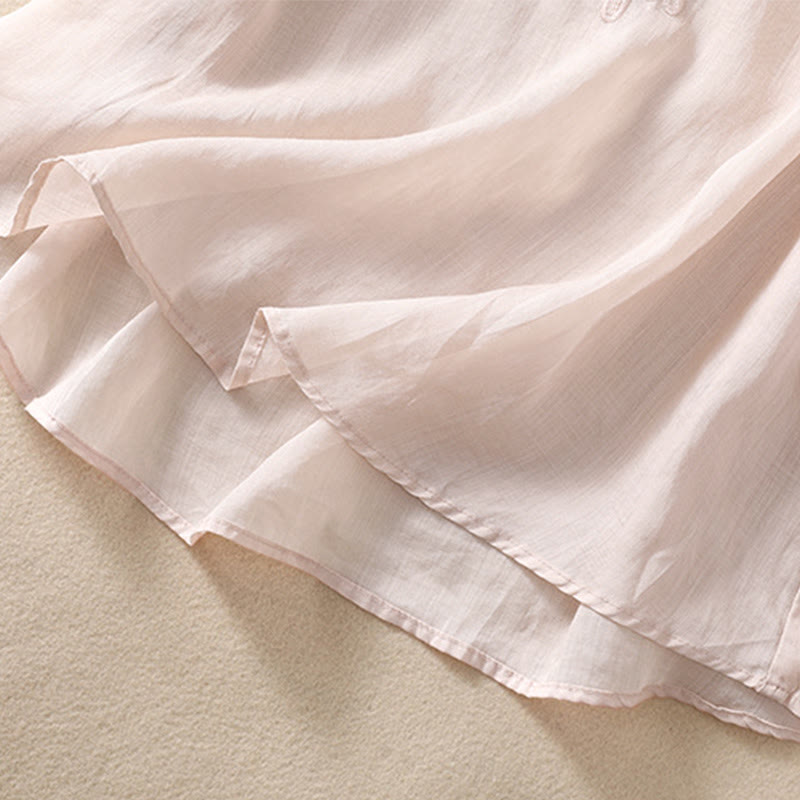 Camisa de lino y algodón de media manga con diseño hueco y cuello redondo para mujer de Buddha Stones