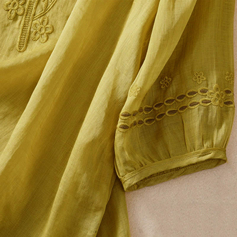 Camisa de lino y algodón de media manga con diseño hueco y cuello redondo para mujer de Buddha Stones